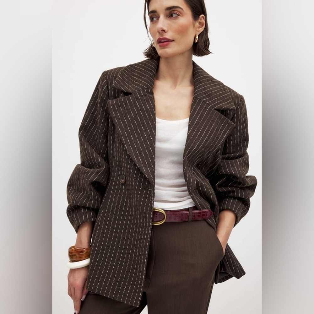 NA-KD Brown Wool Pinstripe Blazer Barrel Old Money Quiet Luxury 90s Retro Fall 6 - Picture 3 of 12
